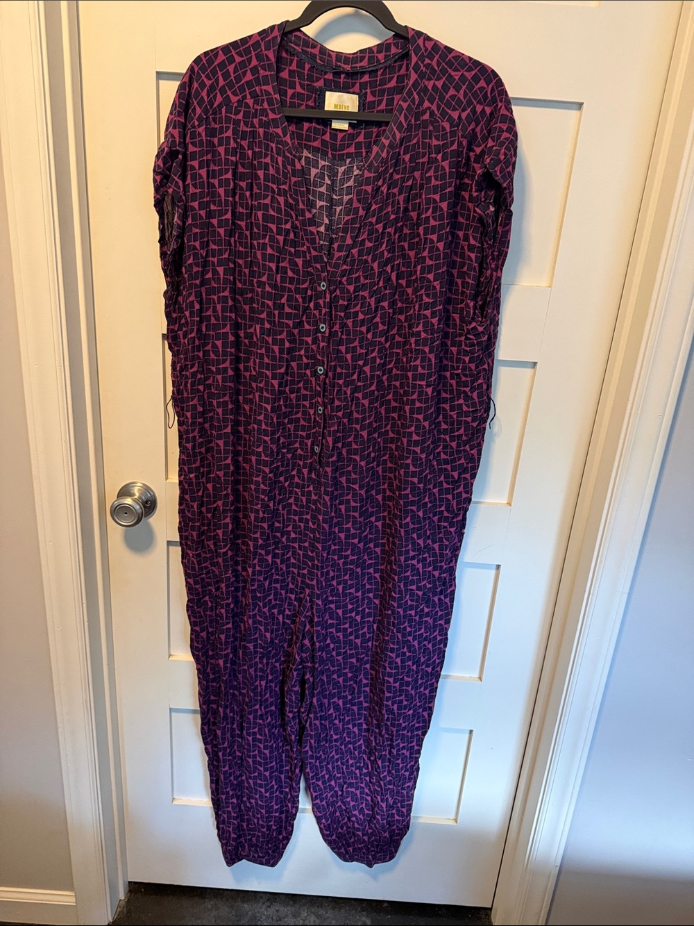 Maeve Anthropologie Purple Patterned Button-Front Jumpsuit